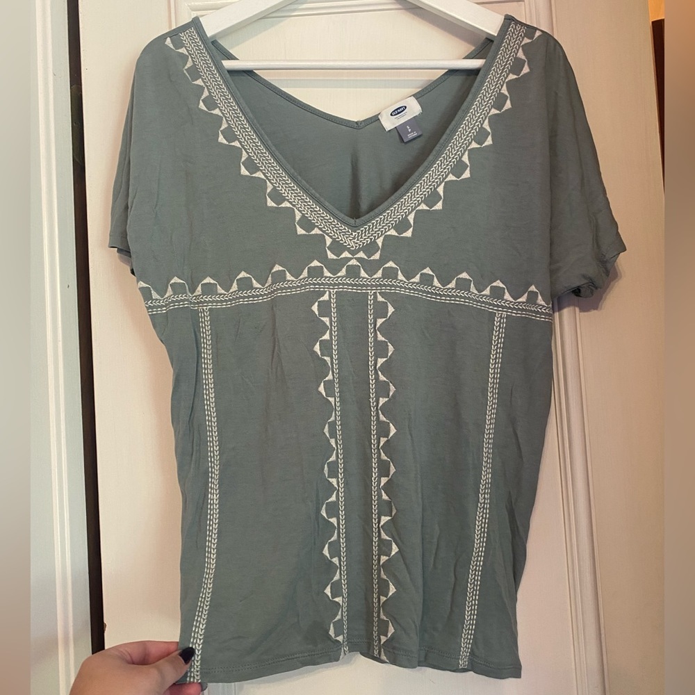 Sage v-neck top with cream detail